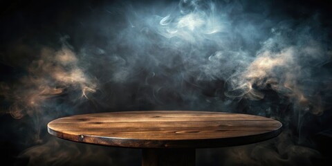 empty old circular wooden table with smoke float up on dark background, atmospheric darkness, mysterious haze