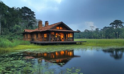 Obraz premium Lakeside cabin glows warmly, tranquil forest setting.