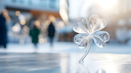 Delicate ice sculpture of a four-leaf clover standing on a frozen surface with a blurred winter city background. Perfect for seasonal themes, artistic photography, holiday visuals. Selective focus