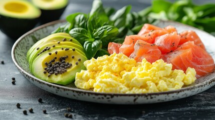 A delicious and nutritious breakfast plate featuring creamy avocado slices, perfectly scrambled eggs, and fresh salmon, served with aromatic herbs and spices. The combination of flavors creates a well