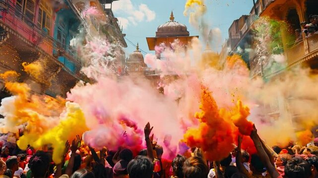 This Crowds of people joyfully celebrate Holi by throwing colorful powders in a lively street.