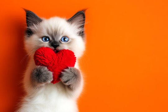 Ad idea. Ragdoll - my cherished cat. Cute ragdoll kitty with fluffy red heart - sign of love, funny greeting card. Romantic cat art. Romantic valentine poster. Valentine's furry concept.