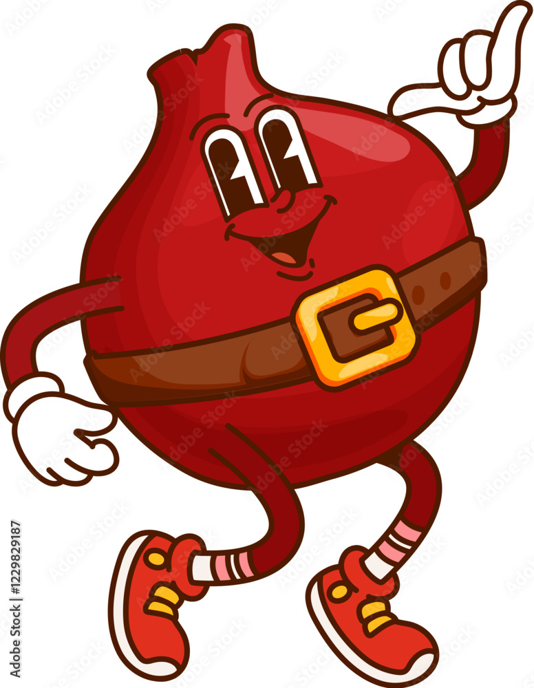 Poster cartoon groovy pomegranate pirate and corsair fruit character with vibrant smile showcasing funky sw