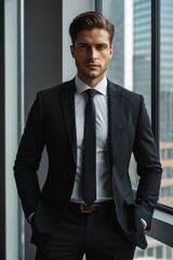 Fototapeta premium arafed man in a suit and tie standing in front of a window