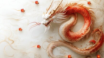 Obraz premium Elegant orange dragon coiled on beige background