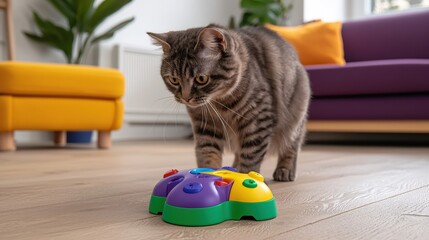 Gray tabby cat exploring a colorful toy on a wooden floor in a bright room with modern furniture