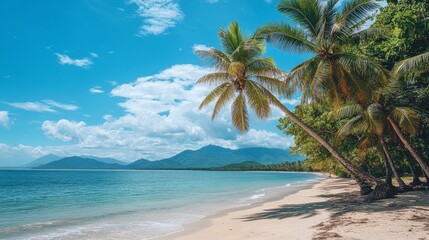 Serene tropical beach with tall palm trees, blue skies, and soft sand. Ideal for travel, tourism, and vacation promotions, appealing to beach lovers and travel companies.
