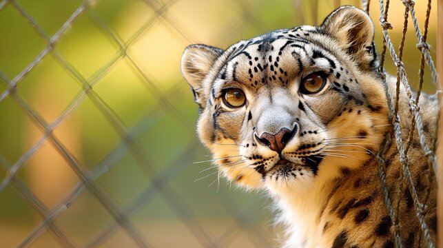 Snow leopard face close up behind wire fence with golden eyes and spotted fur pattern