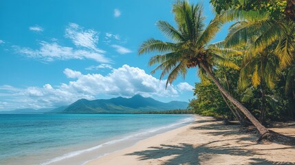 Serene tropical beach with tall palm trees, blue skies, and soft sand. Ideal for travel, tourism, and vacation promotions, appealing to beach lovers and travel companies.