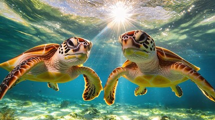 Obraz premium Two Sea Turtles Swim in Sunlight Ocean Underwater Paradise