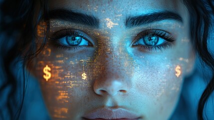 Futuristic face, digital currency overlay, captivating gaze.