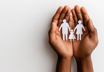 A person is gently holding a paper house with a cutout family