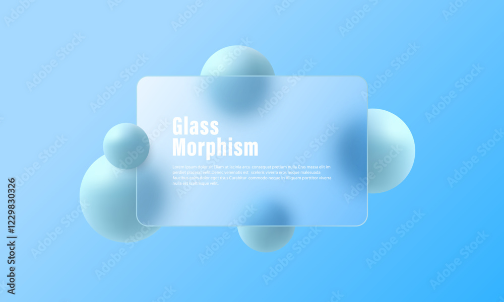 Poster website landing page in glass morphism style. partition made of transparent material with floating s