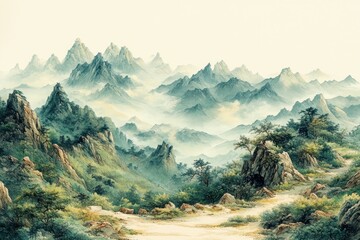 Serene misty mountainscape, tranquil path winding through verdant hills.
