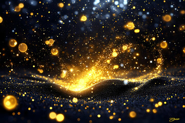 Fototapeta premium Golden particles glow, dark background, celebration
