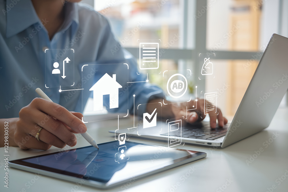 Poster streamlining real estate: digital property management on tablet. interactive checklists, housing ico