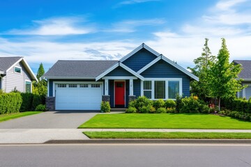 A small gray house with a striking red door is surrounded by trees
