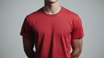 man modeling a bright red t-shirt, standing with his hands behind his back