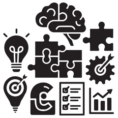 Solution flat icon vector set silhouette. Containing problem solving, light bulb, idea, strategy, creativity, innovation, meeting, teamwork, connecting, management, puzzle