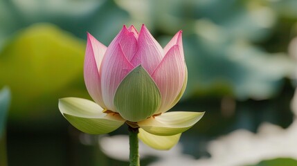 A delicate pink lotus flower blooms gracefully amidst lush green leaves, symbolizing beauty and tranquility in nature.