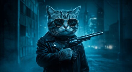 Cool Cat in Sunglasses Holding Revolver in City Night