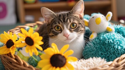 Tabby cat with yellow eyes in a wicker basket with sunflowers and a plush toy