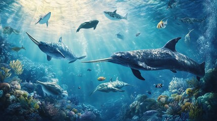 Fototapeta premium Underwater Scene with Narwhals and Other Marine Life in a Bright Blue Ocean Setting