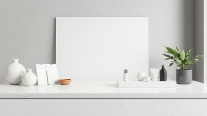 Minimalist product display on empty tabletop, clean lines, display solutions, minimalist decor