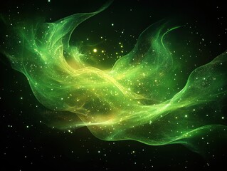 Ethereal Green Cosmic Waves with Sparkling Stars and Glowing Nebula in Deep Space, Perfect for Science and Fantasy Themes in Digital Artwork