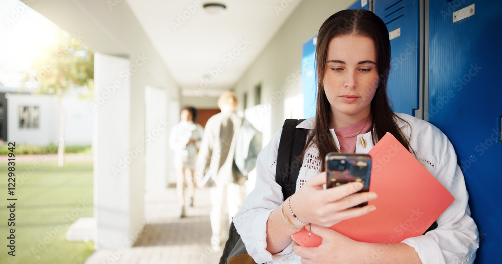 Poster phone, student and woman at university for typing text, knowledge and check exam results online. edu