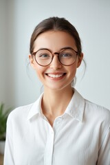 smiling woman in glasses standing in front of a window