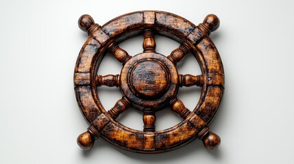 Antique wooden ship wheel on white. Nautical decor, travel, adventure concept
