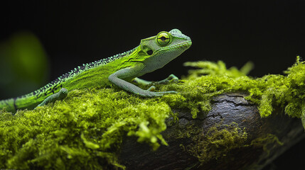 Fototapeta premium Green tree frog on moss-covered branch. Ideal for wildlife photography, nature studies, and environmental conservation.