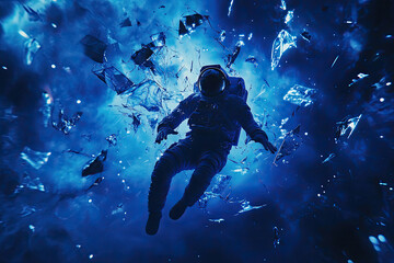 Ethereal illustration of an astronaut adrift in deep space, surrounded by shards of shattered debris against a star-filled cosmic backdrop. Perfect for sci-fi, space exploration, and existential theme