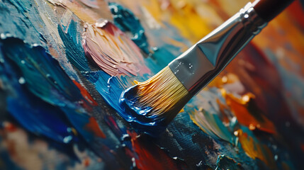 Fototapeta premium Close up of a Paintbrush Mixing Vibrant Colors on a Textured Canvas in an Artist Studio. Generative AI