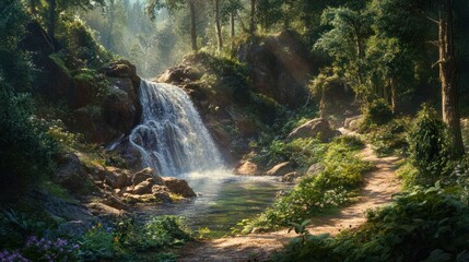 Serene forest waterfall path; sunlit nature scene; background greenery; ideal for travel brochures