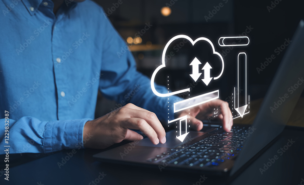 Aufkleber Digital Transformation: Businessman Downloads & Uploads Data via Cloud Computing, Seamless Data Transfer, Modern Technology, Network Application, Information Technology, 