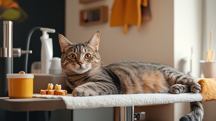 Tabby cat resting on white surface near yellow container and small treats in a modern kitchen