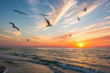 Naklejka premium Ocean sunsets with seagulls flying high, ocean, green, gradient
