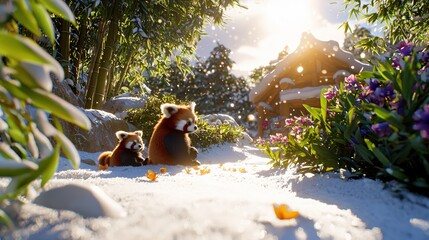 Red pandas in snowy landscape with bamboo and flowers near a cabin under bright sunlight