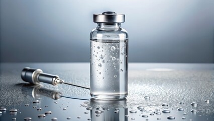 A transparent plastic vial containing a clear liquid with tiny bubbles suspended in it, with a dropper or applicator nearby