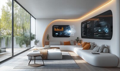 Fototapeta premium Futuristic living room, smart home technology, sleek design.