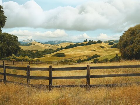 Scenic countryside with rolling hills and wooden fence in a peaceful rural setting. Generative AI