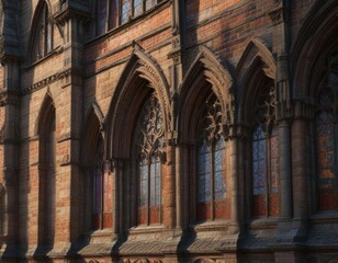 Naklejka premium Ornate half-timbered gable ends beside cathedral, church surroundings, stone walls