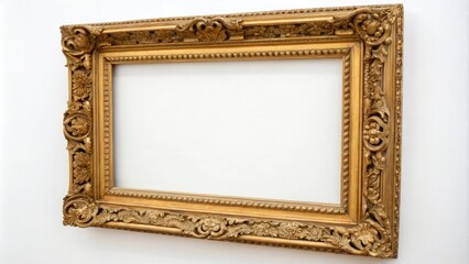 Ornate gold frame with intricate carvings over a crisp white background, decorative, carvings, minimalist style, gold frame