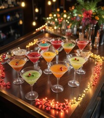 Overhead shot of a bar counter with multiple sugared rim martinis, colorful lights, and garlands, garlands, festive atmosphere