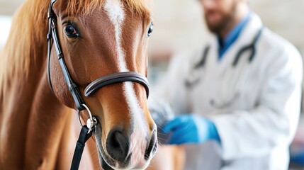 Close up of a brown horse with a white blaze and a blurred veterinarian in the background