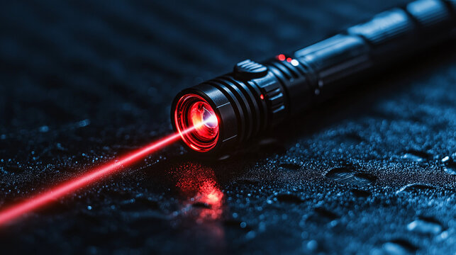 Red laser pointer on dark surface. Suitable for presentation tools, technology equipment, and optical devices.