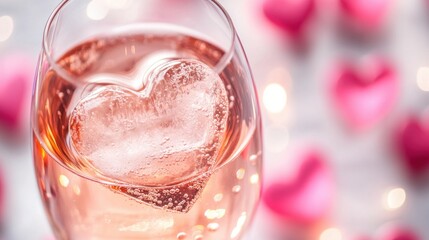 A heart-shaped ice cube floating in a glass of sparkling rose for a Valentine-themed drink