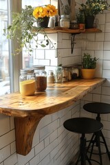 Rustic wood kitchen window seat with storage.